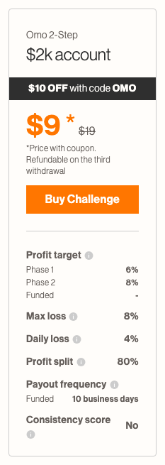 Maven Trading Omo 2-Step $2k challenge card showing $9 with coupon against $19 list, 6 percent and 8 percent profit targets, 8 percent max loss, 4 percent daily loss, 80 percent split, payouts every 10 business days