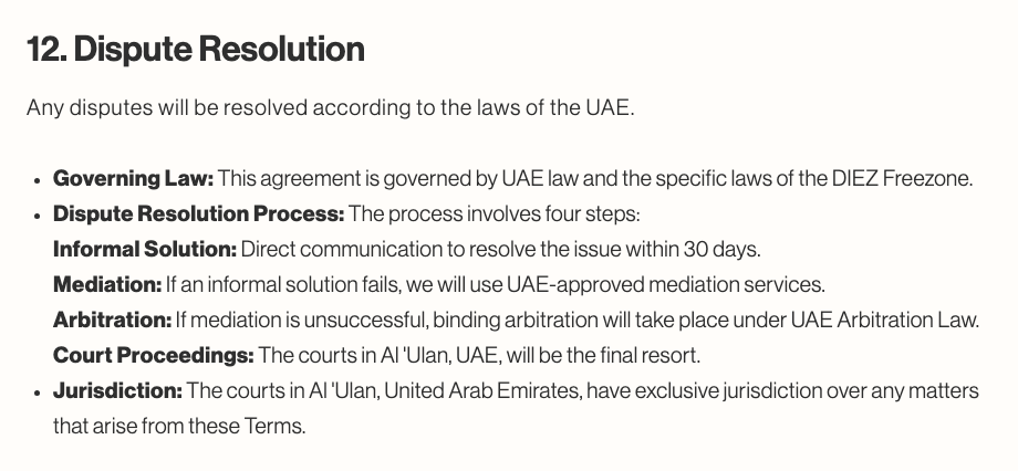 Maven Trading Terms section 12 on dispute resolution, giving exclusive jurisdiction to the courts in Al 'Ulan, United Arab Emirates