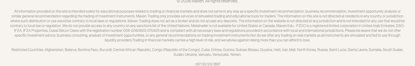 Maven Trading site-wide footer naming Maven Edu - FZCO with registration number 006-0060823-070425 and listing the restricted countries