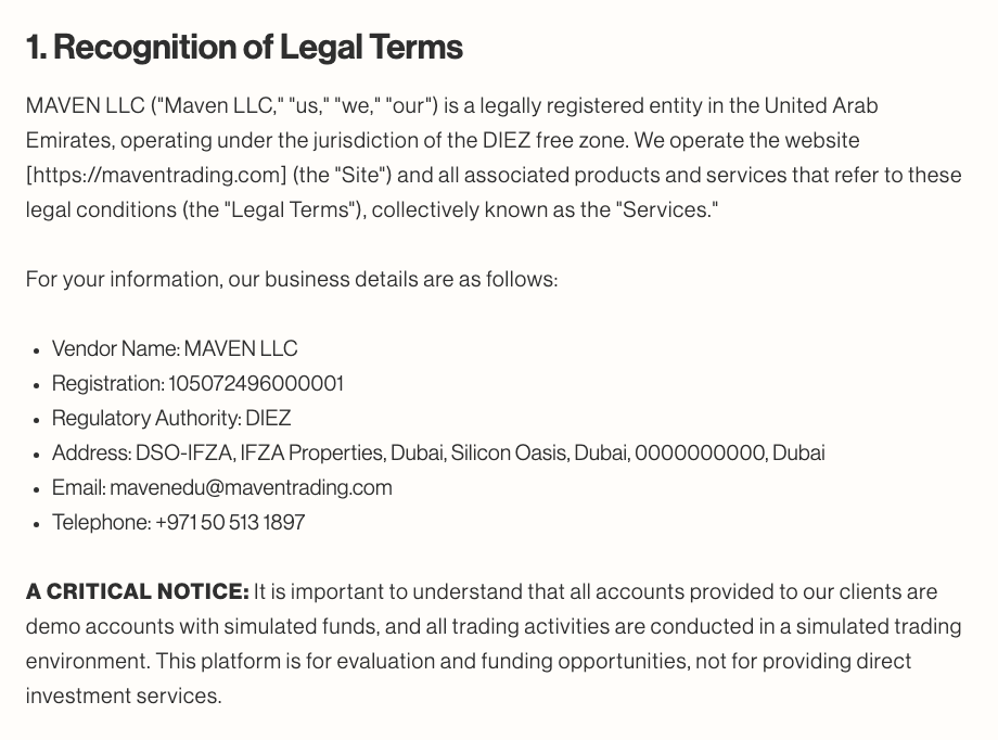 Maven Trading Terms and Conditions section 1 naming MAVEN LLC, registration 105072496000001, Regulatory Authority DIEZ, above the A CRITICAL NOTICE paragraph