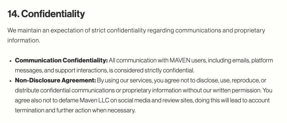 Maven Trading Terms section 14 on confidentiality, including the sentence asking users not to defame Maven LLC on social media and review sites