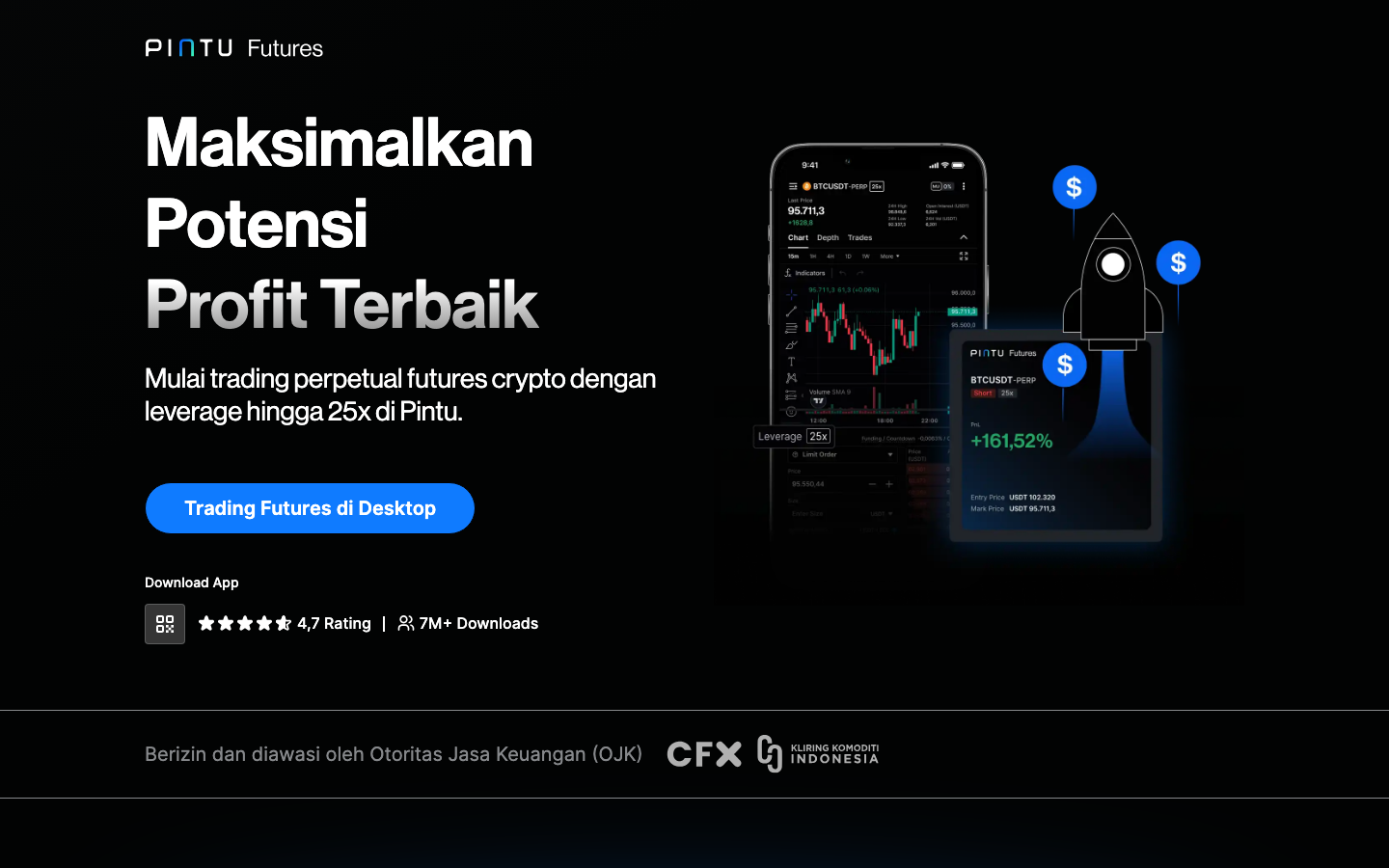 Pintu Futures marketing page advertising perpetual futures with leverage up to 25x