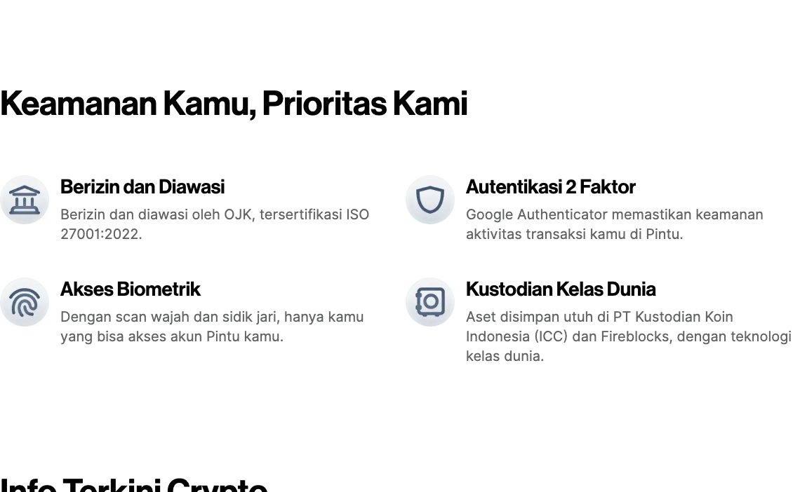 Pintu homepage security block naming OJK supervision, ISO 27001:2022 and custody at PT Kustodian Koin Indonesia and Fireblocks