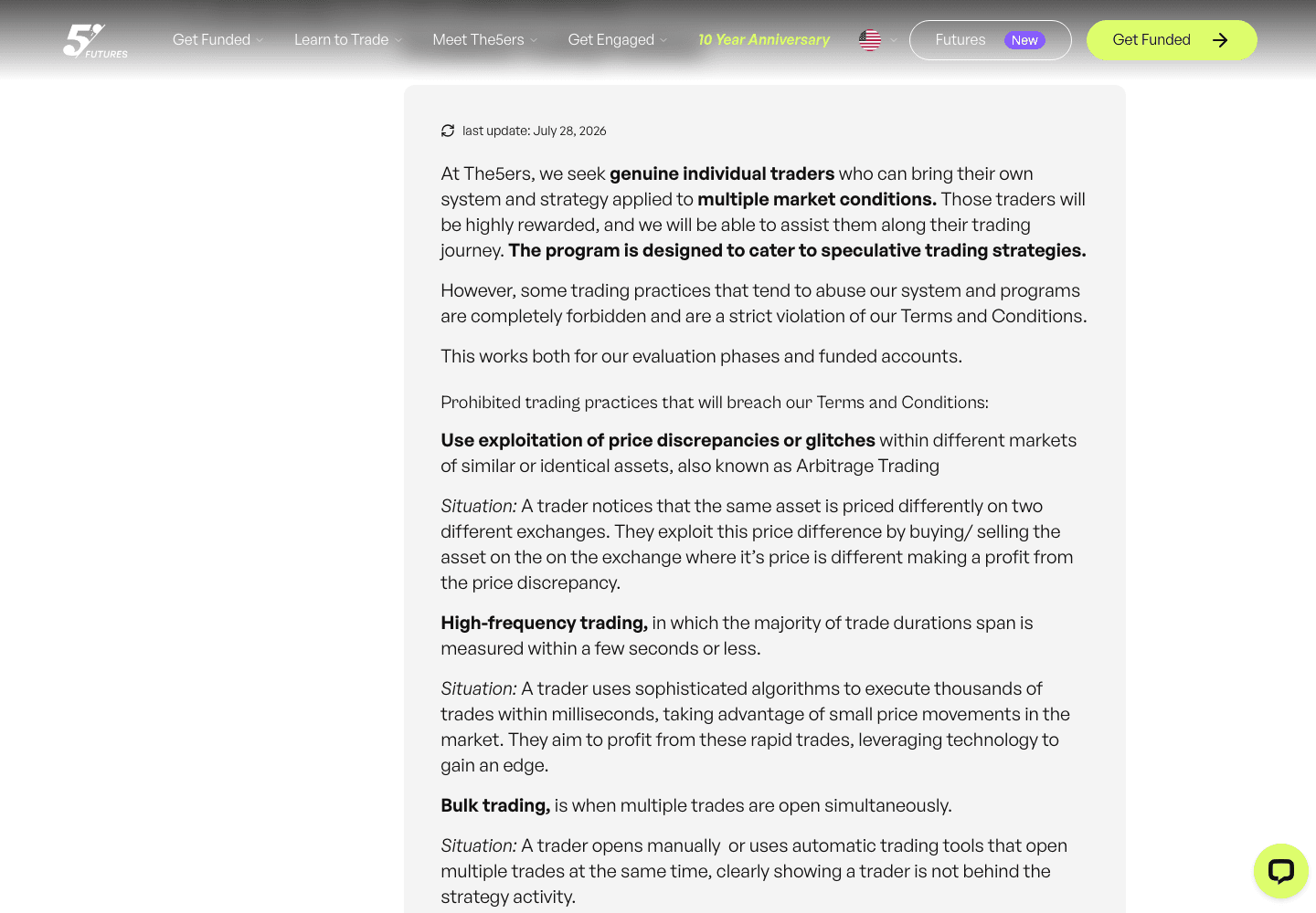 The5ers prohibited trading practices article, stamped last update July 28, 2026