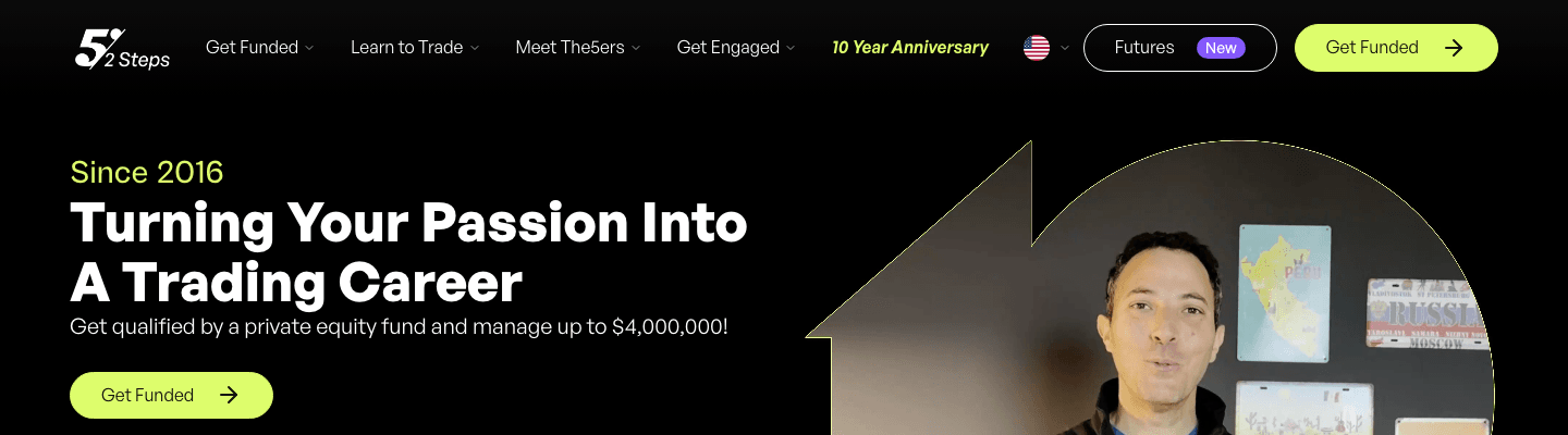The5ers homepage hero reading Get qualified by a private equity fund and manage up to $4,000,000!
