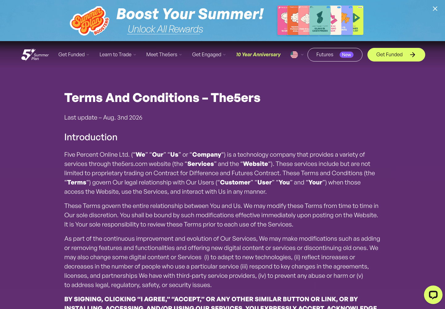 The5ers Terms and Conditions page, stamped Last update Aug. 3nd 2026 as the firm prints it