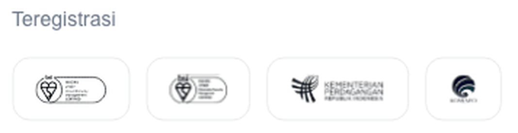 Close crop of the Teregistrasi badge row on the Tokocrypto homepage, showing two BSI ISO marks, the Kementerian Perdagangan mark and the Kominfo mark