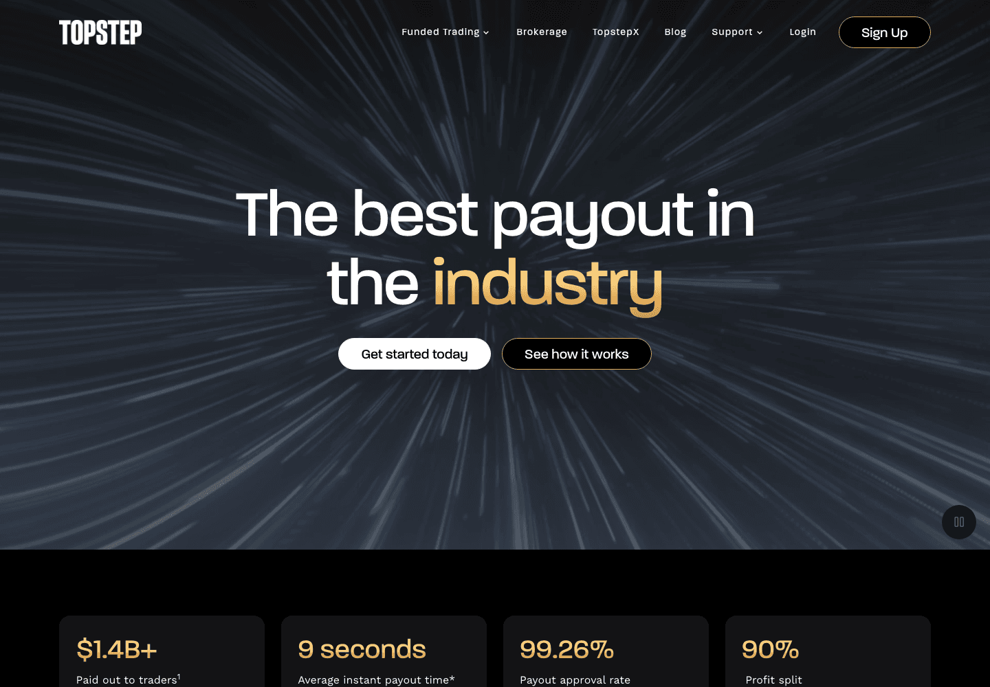 Topstep instant payouts page on 12 August 2026 showing the 1.4 billion dollar figure and the 99.26 percent approval rate