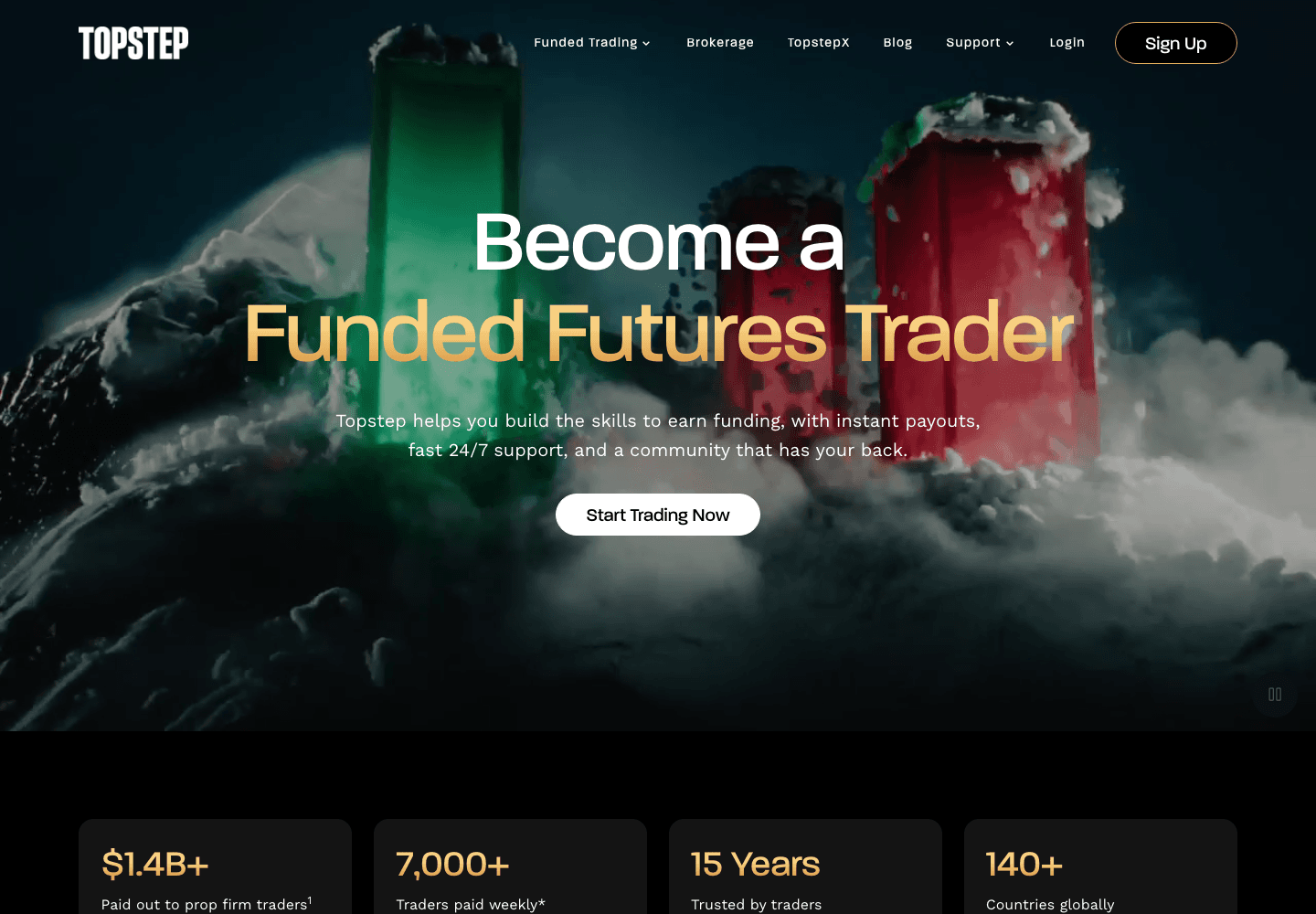 Topstep homepage on 12 August 2026 showing the 1.4 billion dollar payout figure and the 15 years claim