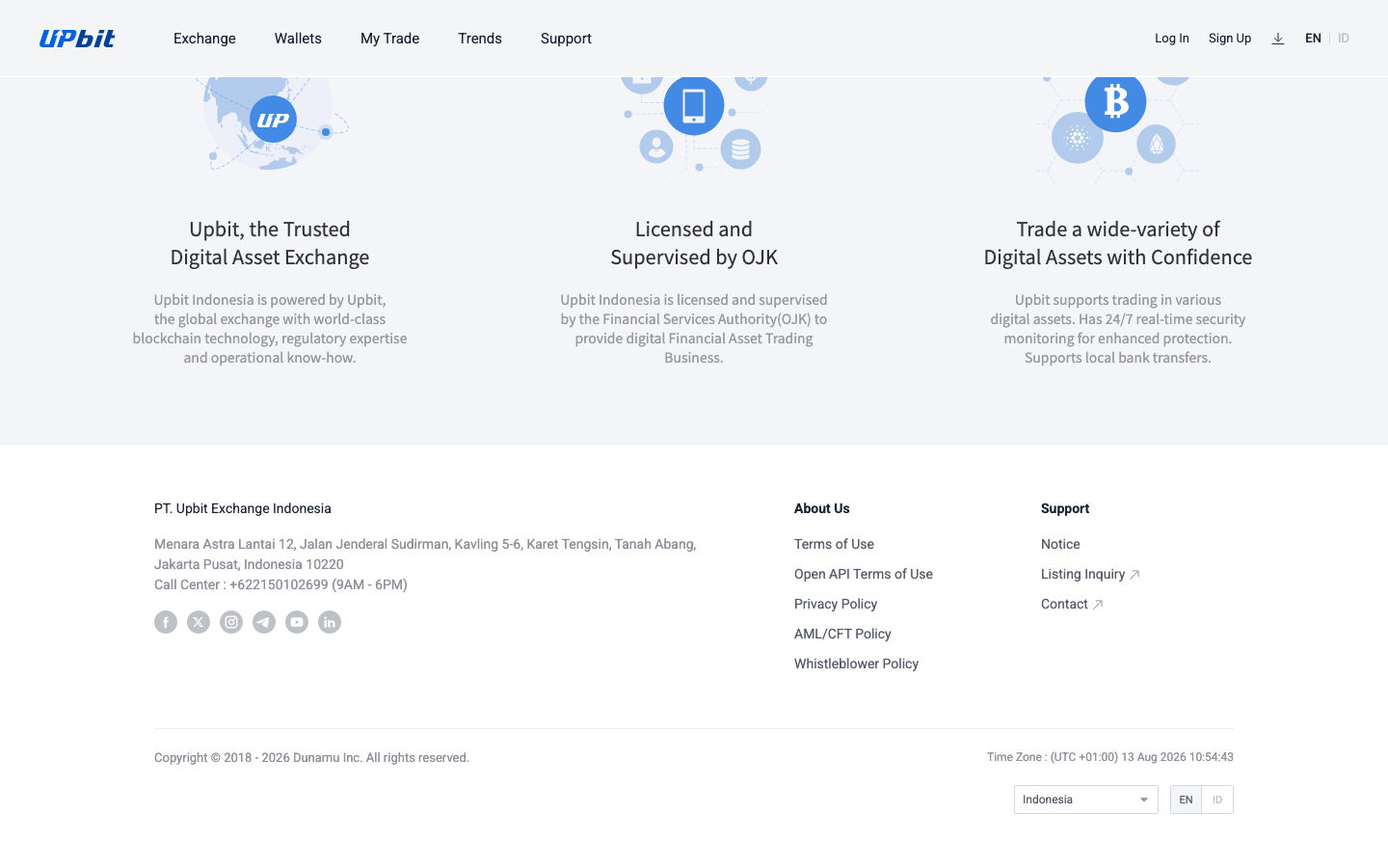 Upbit Indonesia footer showing PT Upbit Exchange Indonesia and the OJK supervision claim