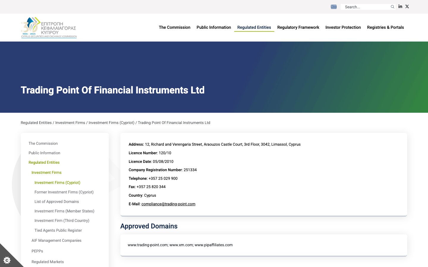 CySEC register entry for Trading Point Of Financial Instruments Ltd, licence 120/10, listing www.xm.com as an approved domain