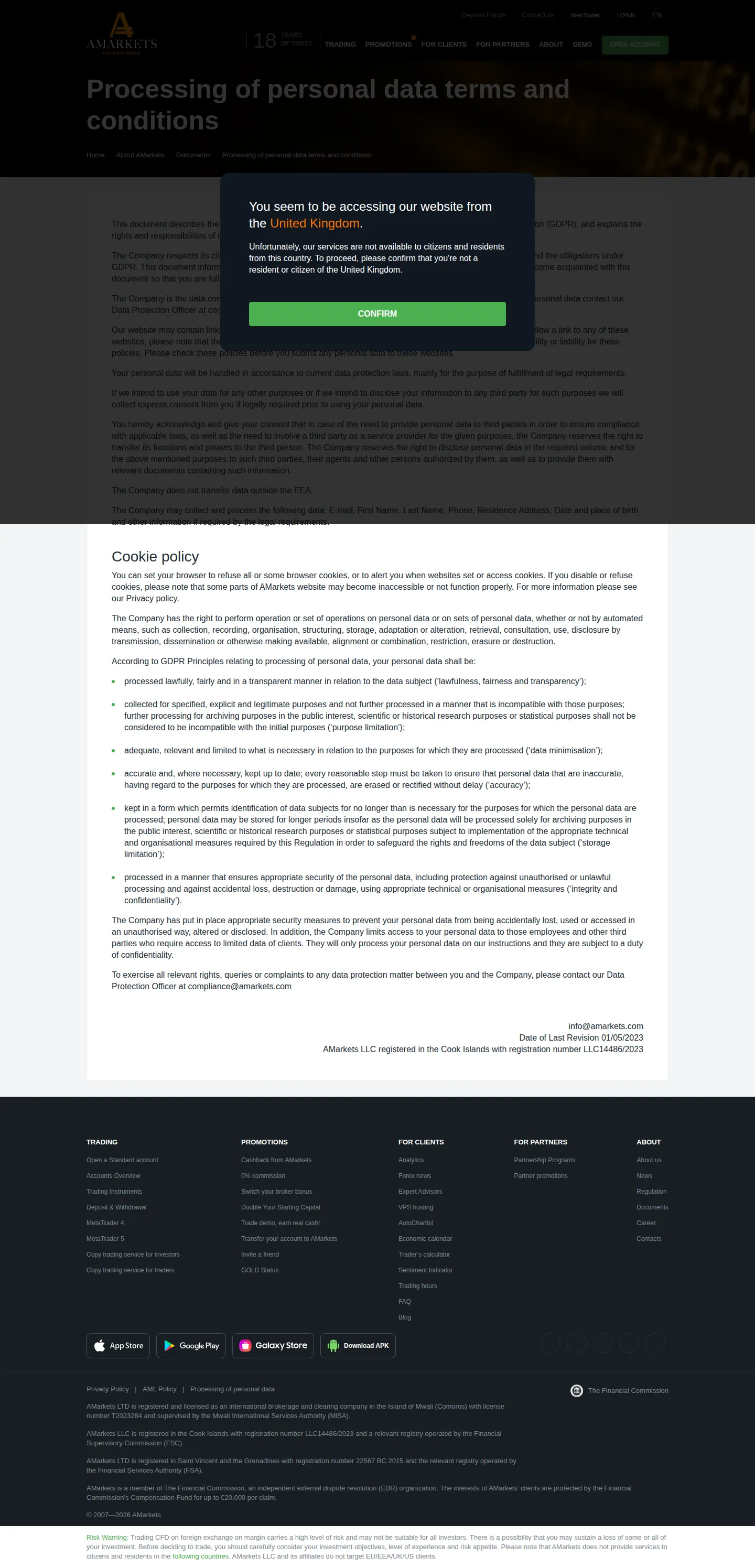 AMarkets AU terms page as we captured it