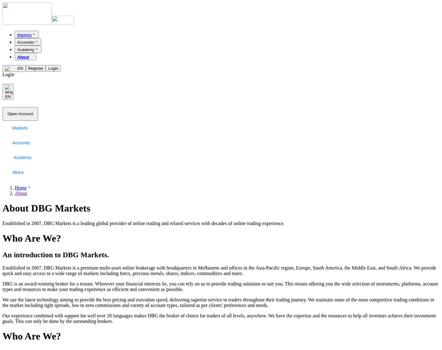 DBG Markets AE about page as we captured it
