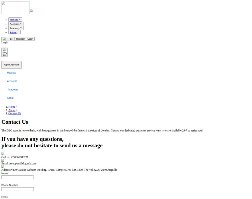 DBG Markets GB contactus page as we captured it