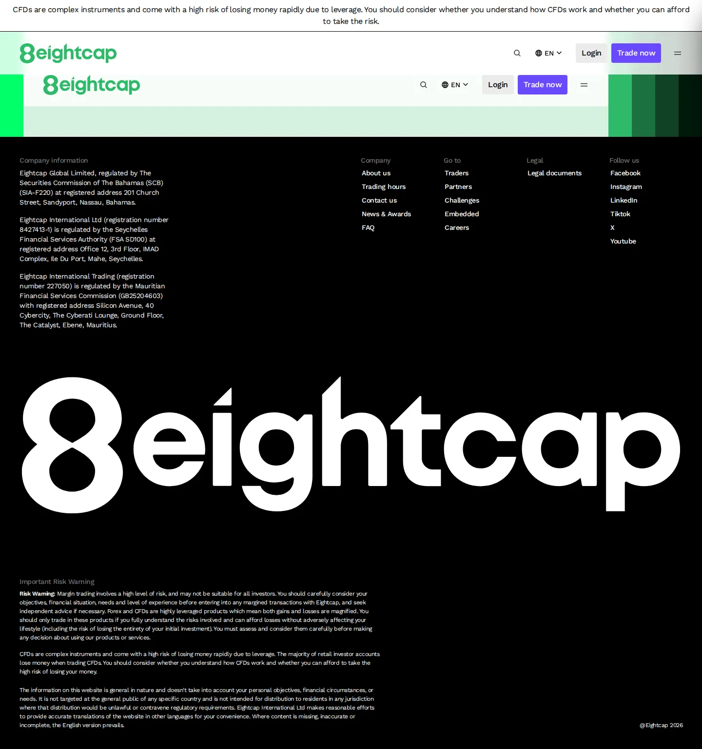 Eightcap AE fees page as we captured it
