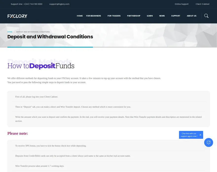 FXGlory GB fees page as we captured it