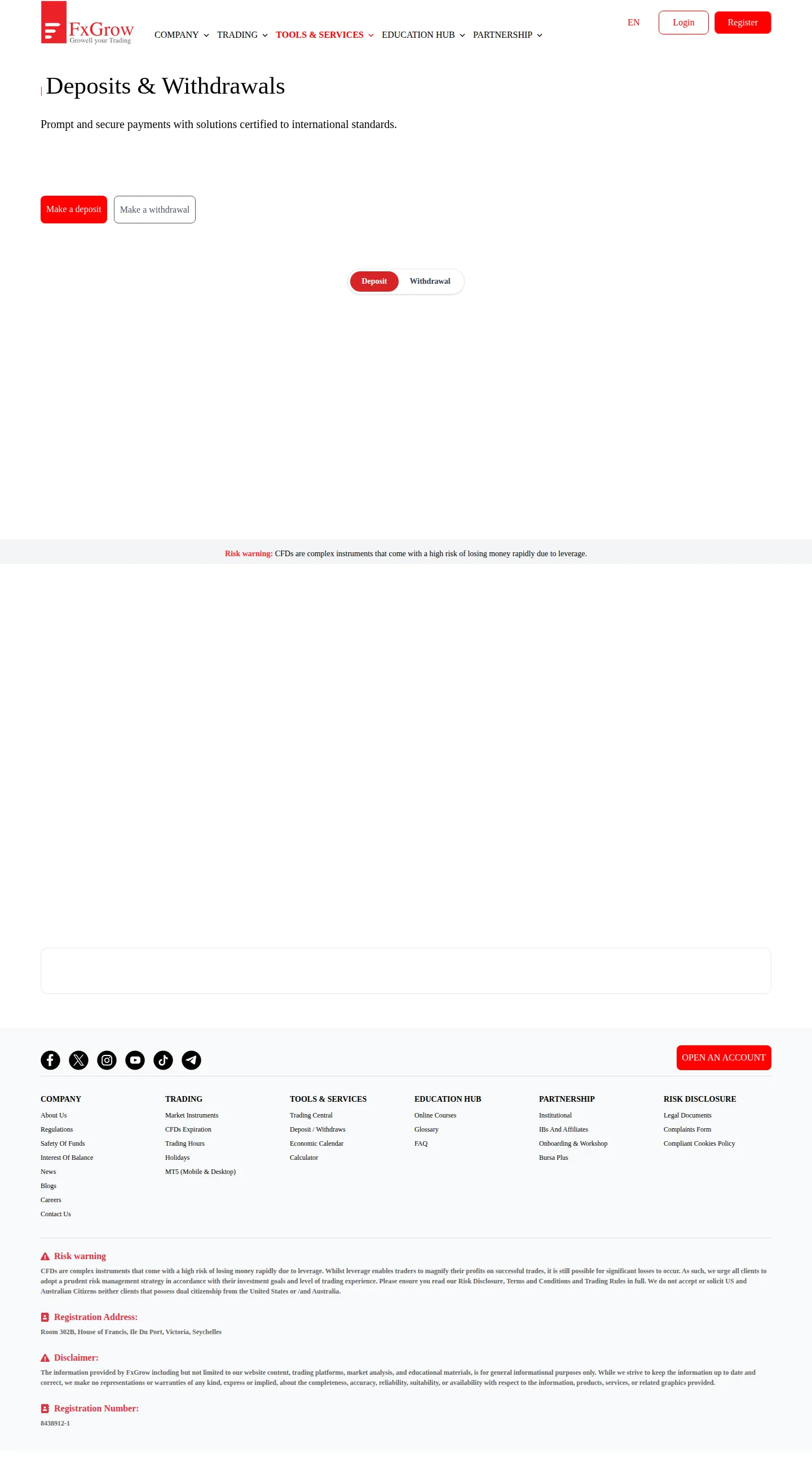 FxGrow AE fees page as we captured it