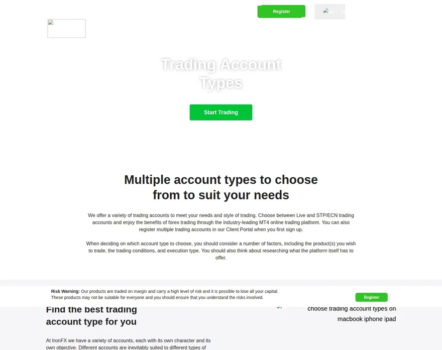 IronFX AE accounts page as we captured it