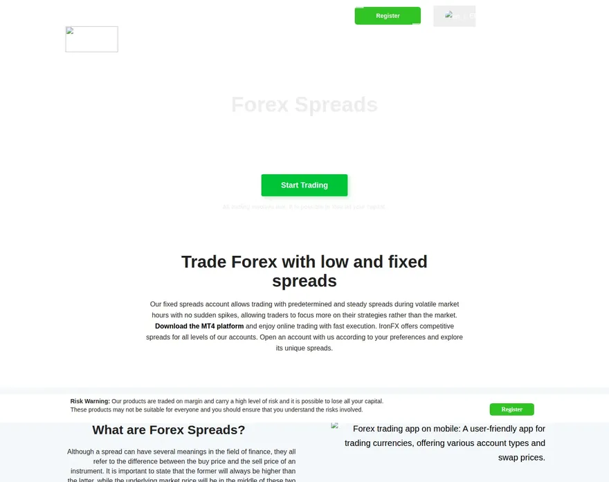 IronFX AE fees page as we captured it