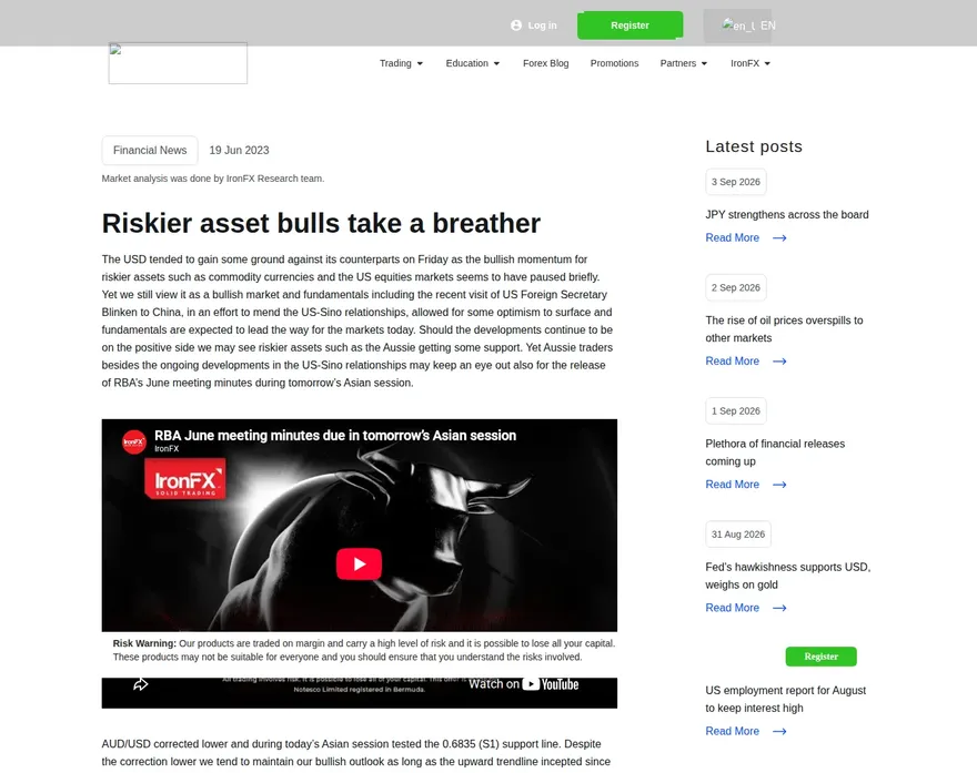 IronFX AE risk page as we captured it