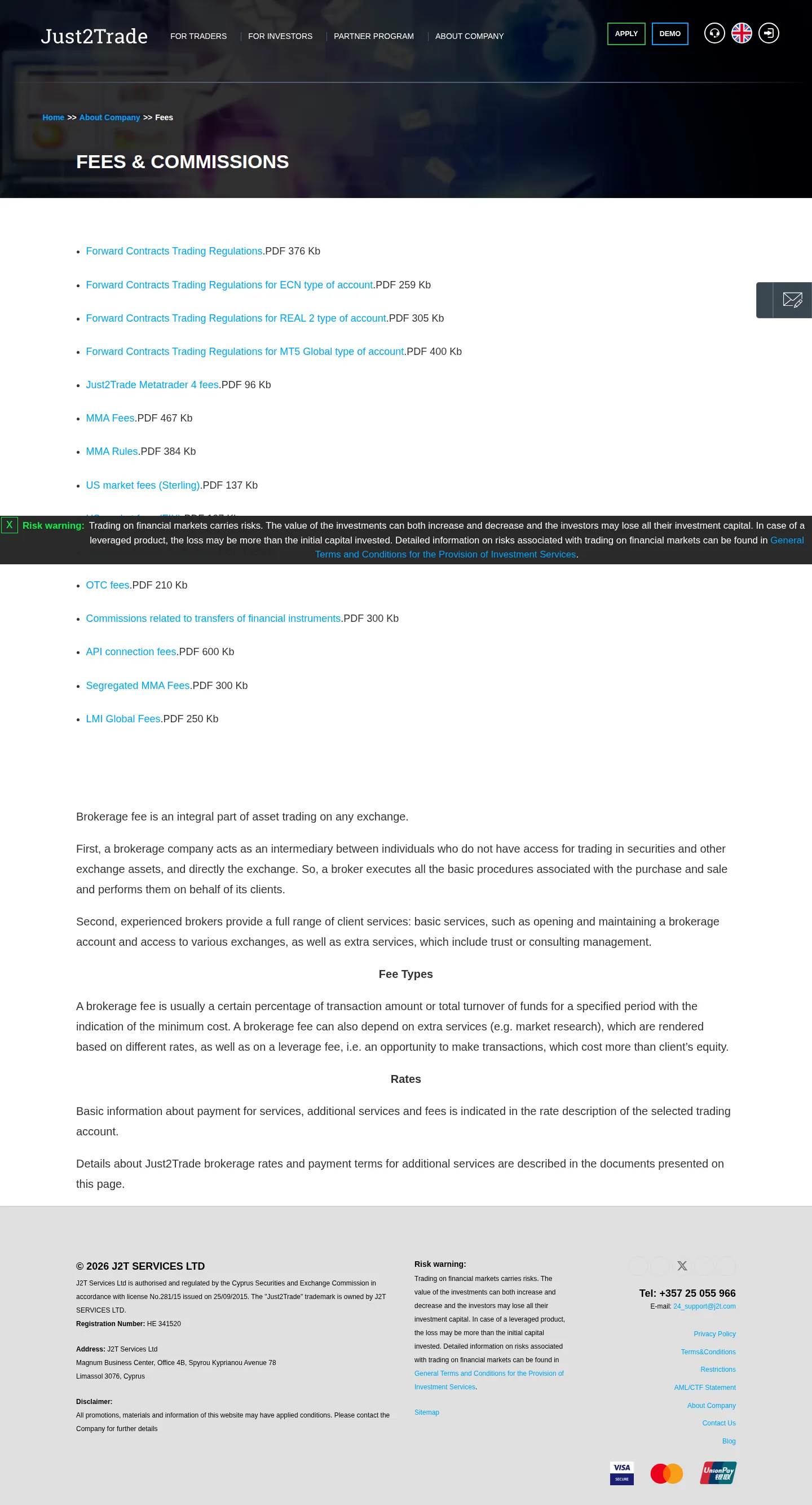 Just2Trade AE fees page as we captured it