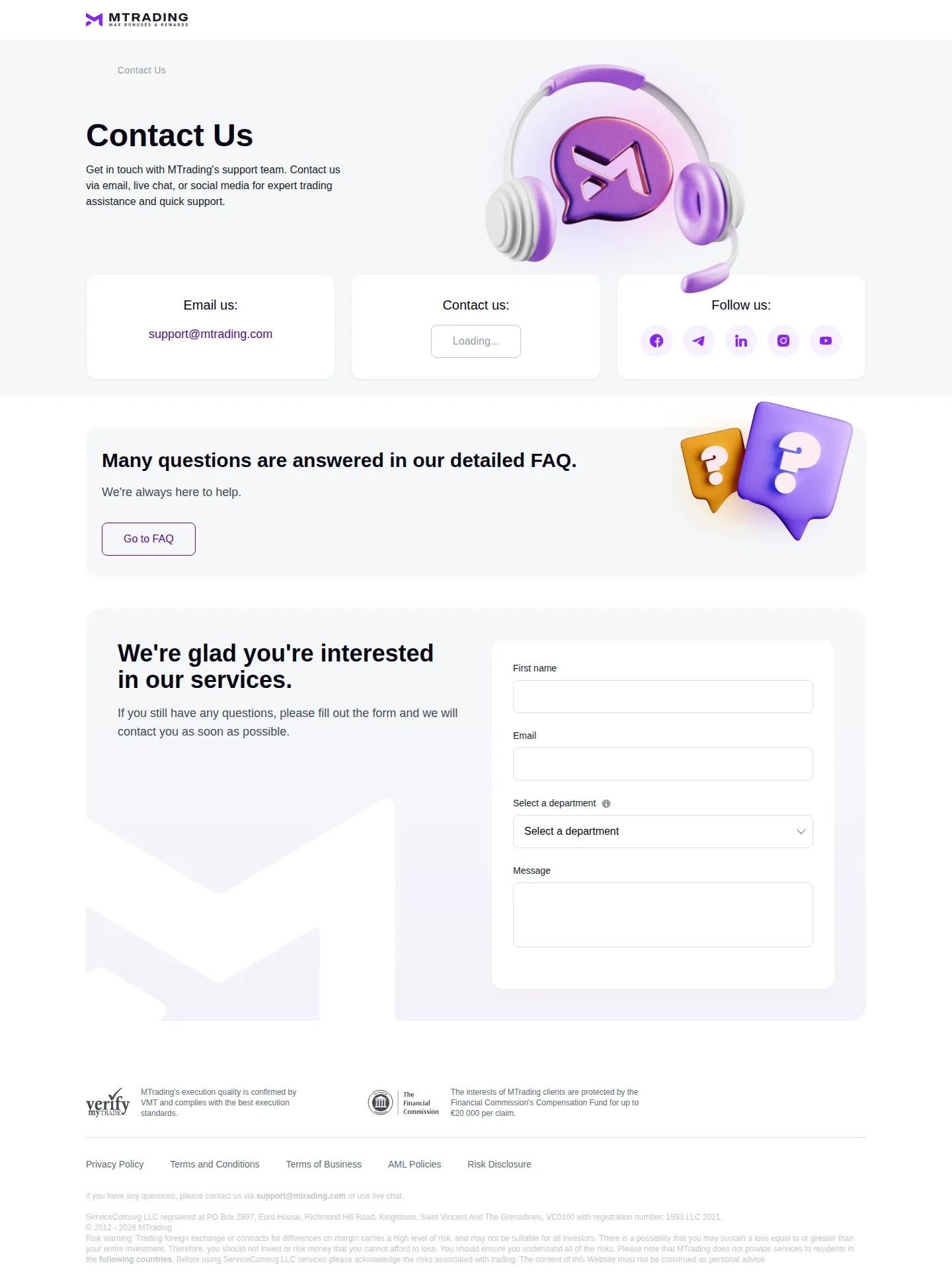 MTrading AE contact page as we captured it