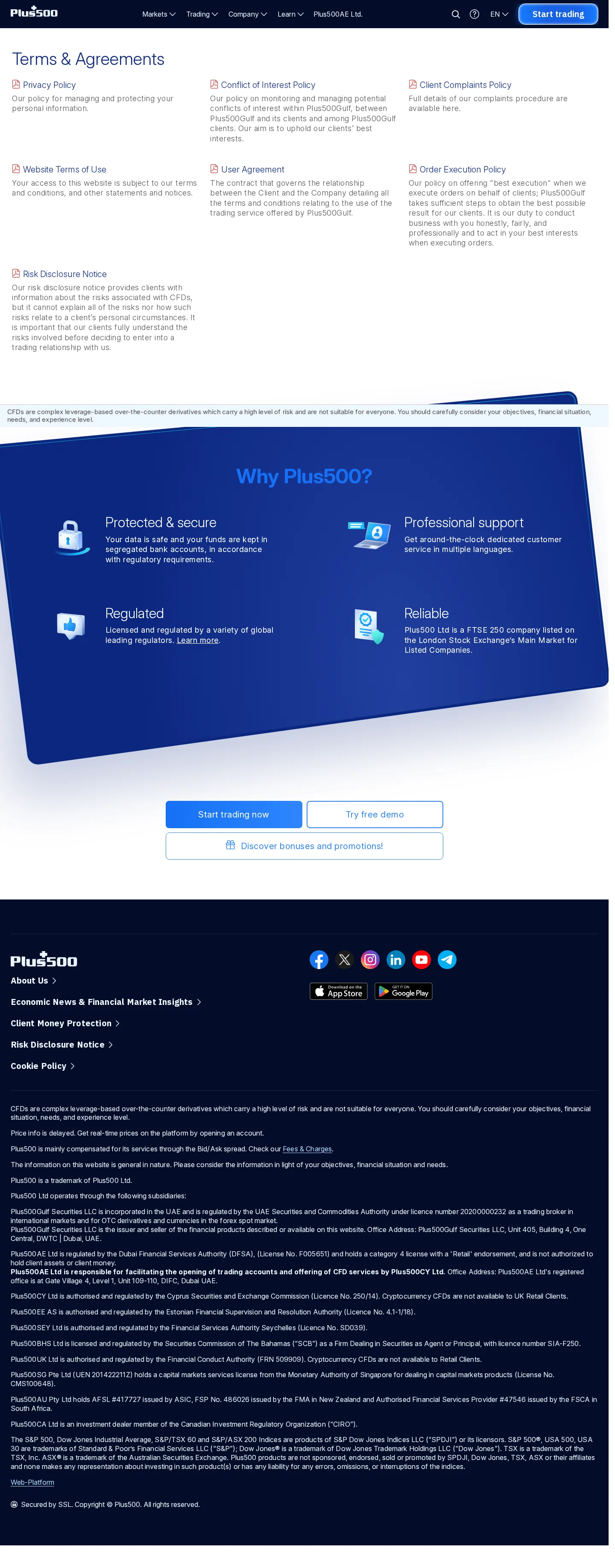 Plus500 AE terms page as we captured it