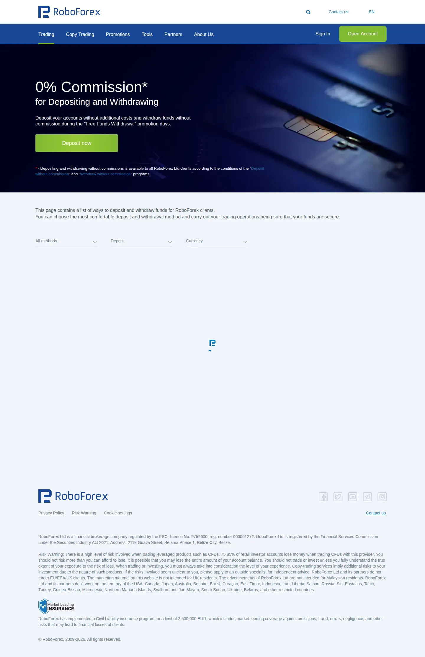 RoboForex AE fees page as we captured it