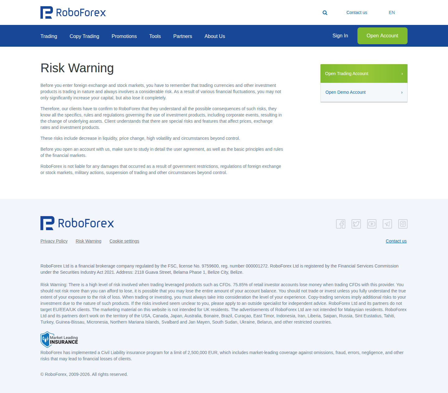 RoboForex AE risk page as we captured it