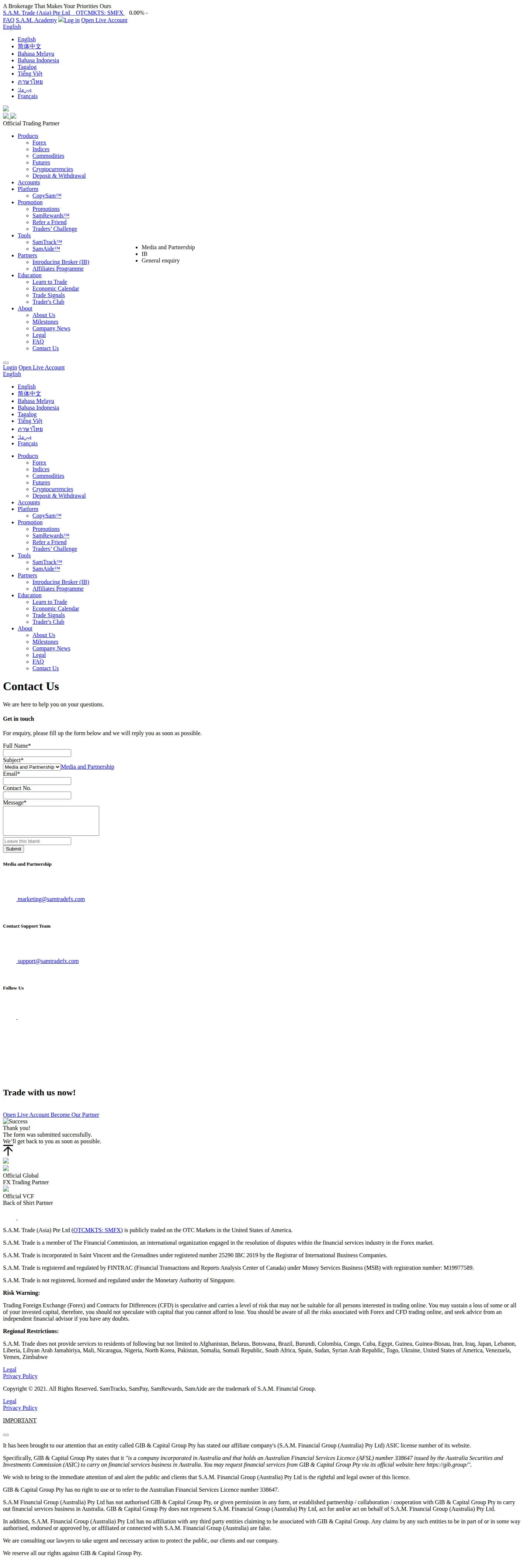S.A.M. Trade AE contact page as we captured it