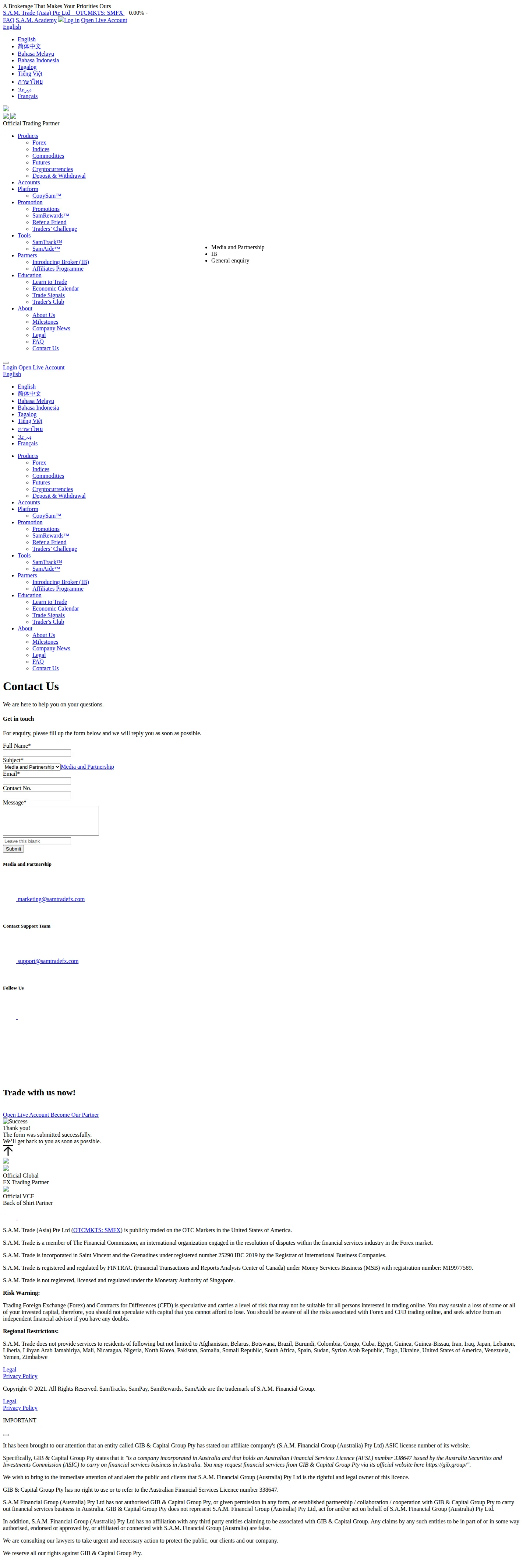S.A.M. Trade GB contact page as we captured it