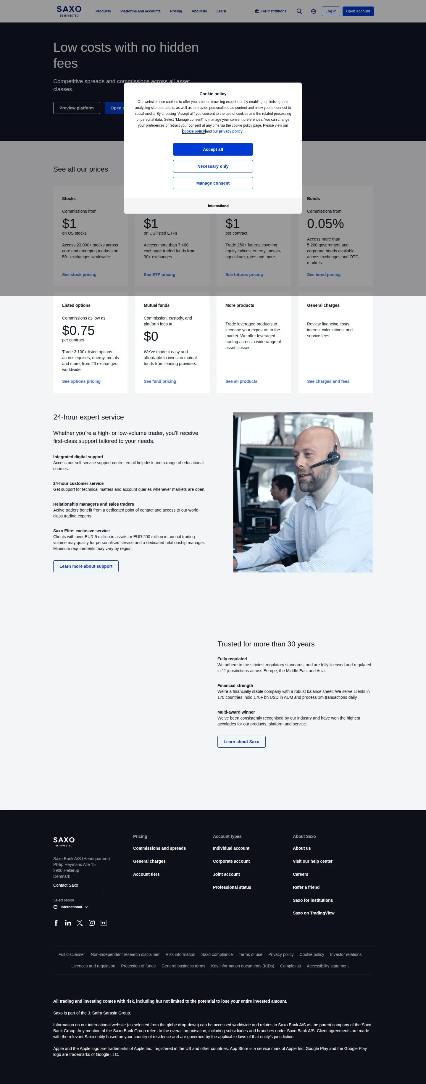 Saxo AE fees page as we captured it