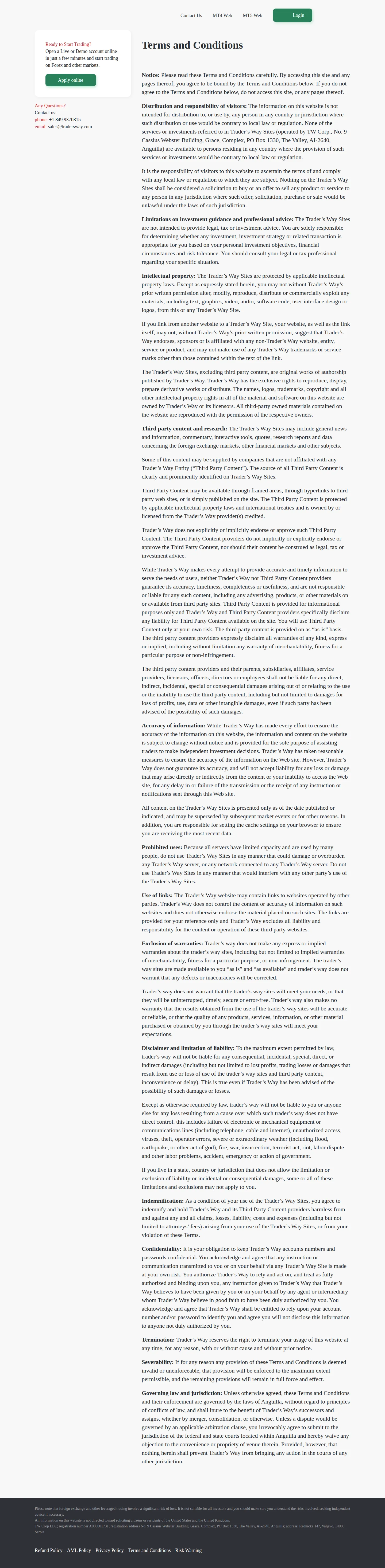 Trader's Way AU terms page as we captured it