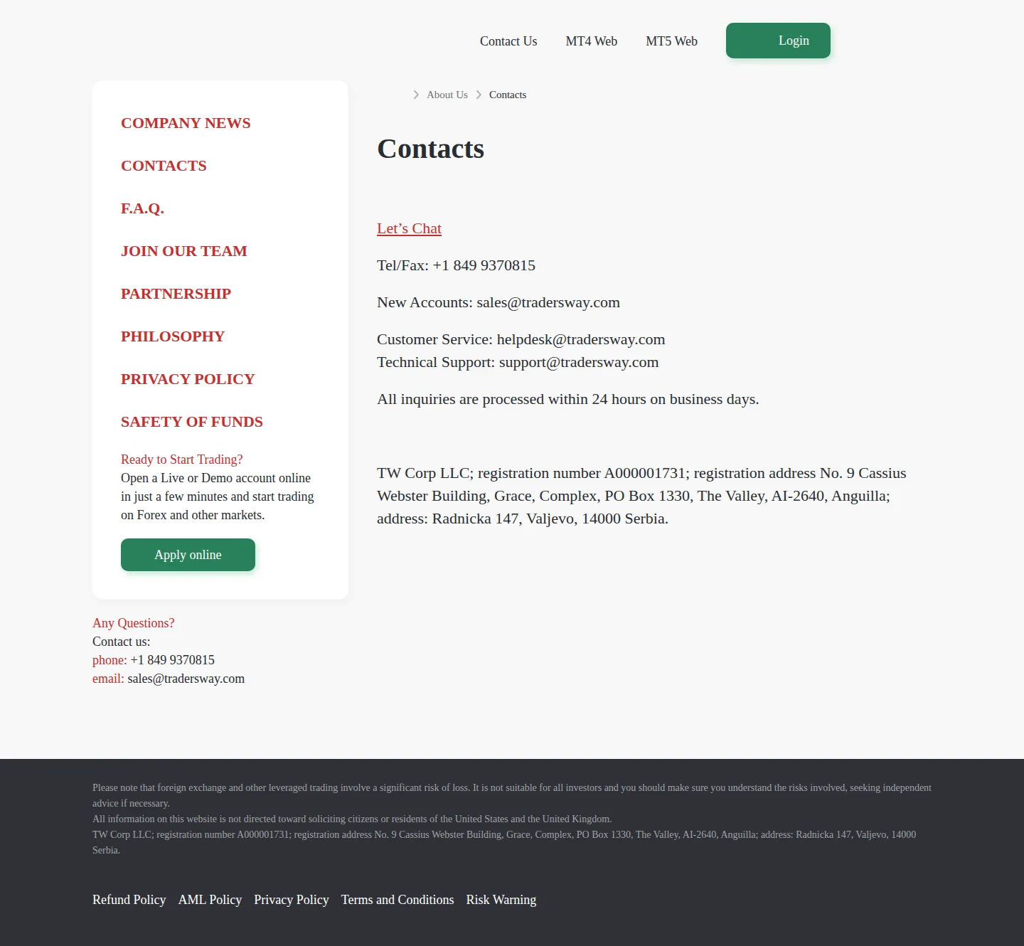 Trader's Way ID contact page as we captured it