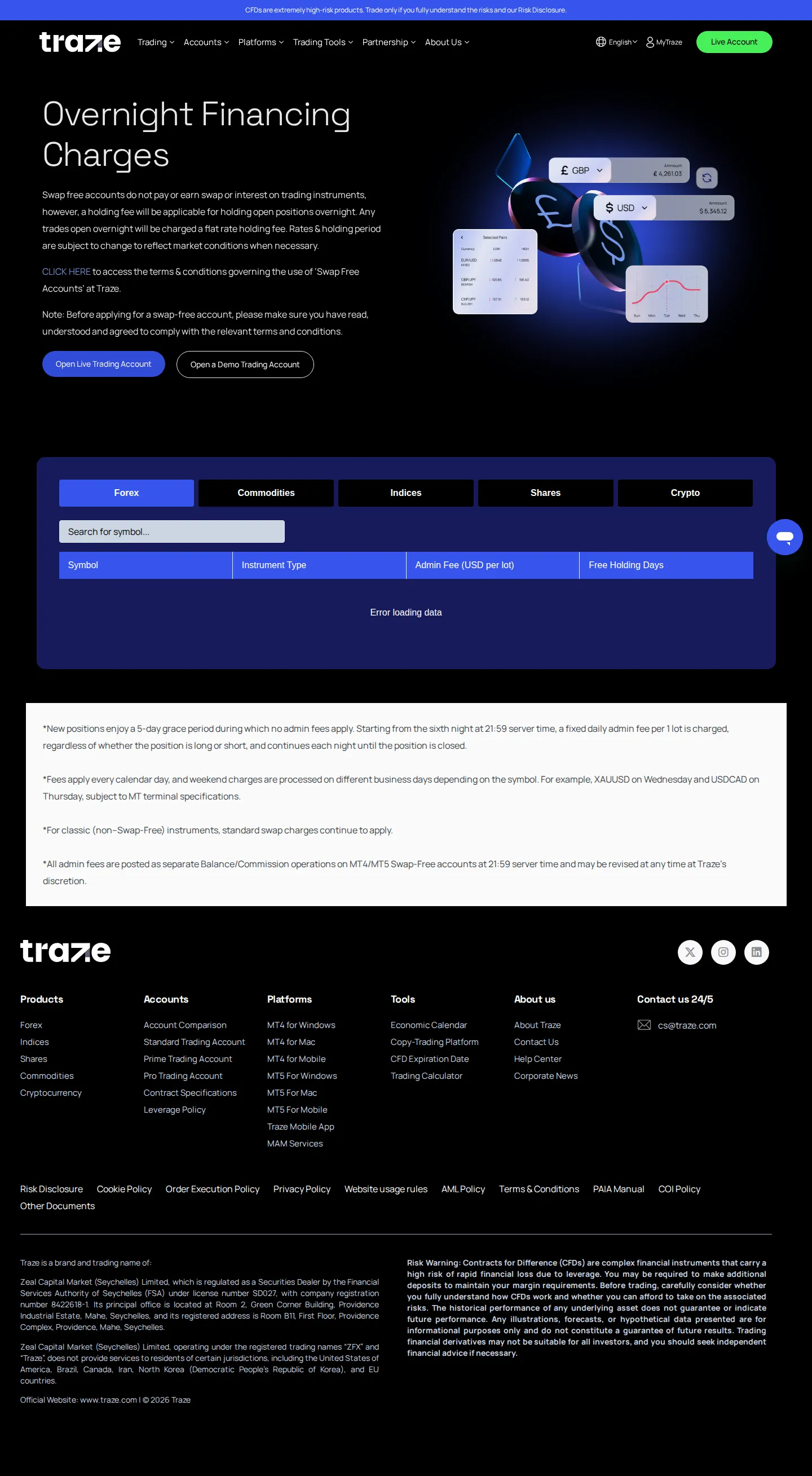 Traze AE fees page as we captured it