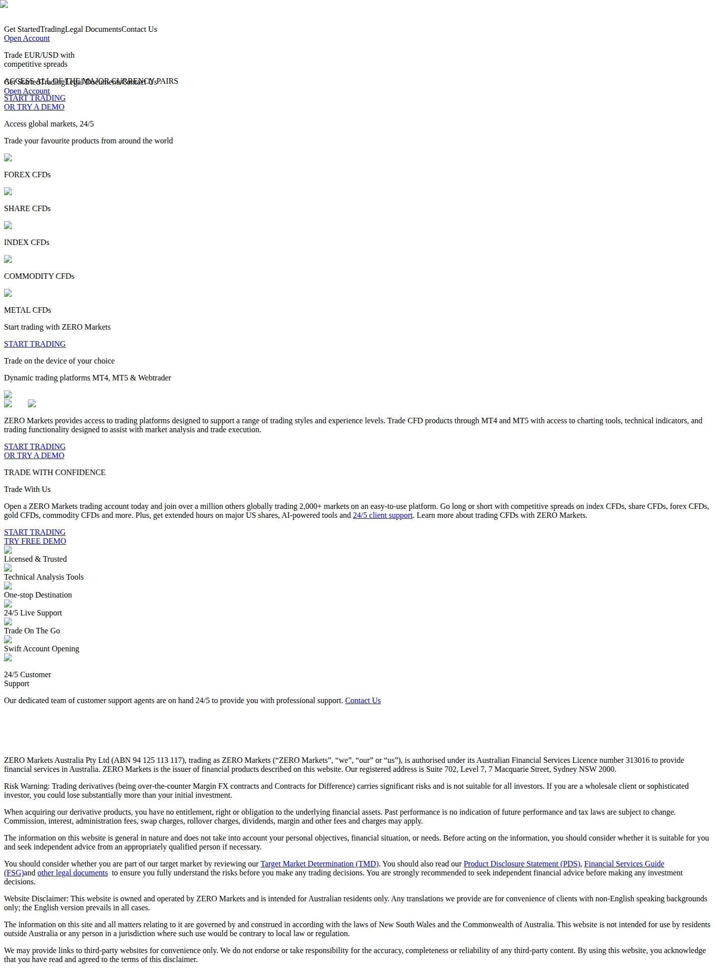 Zero Markets AU contact page as we captured it
