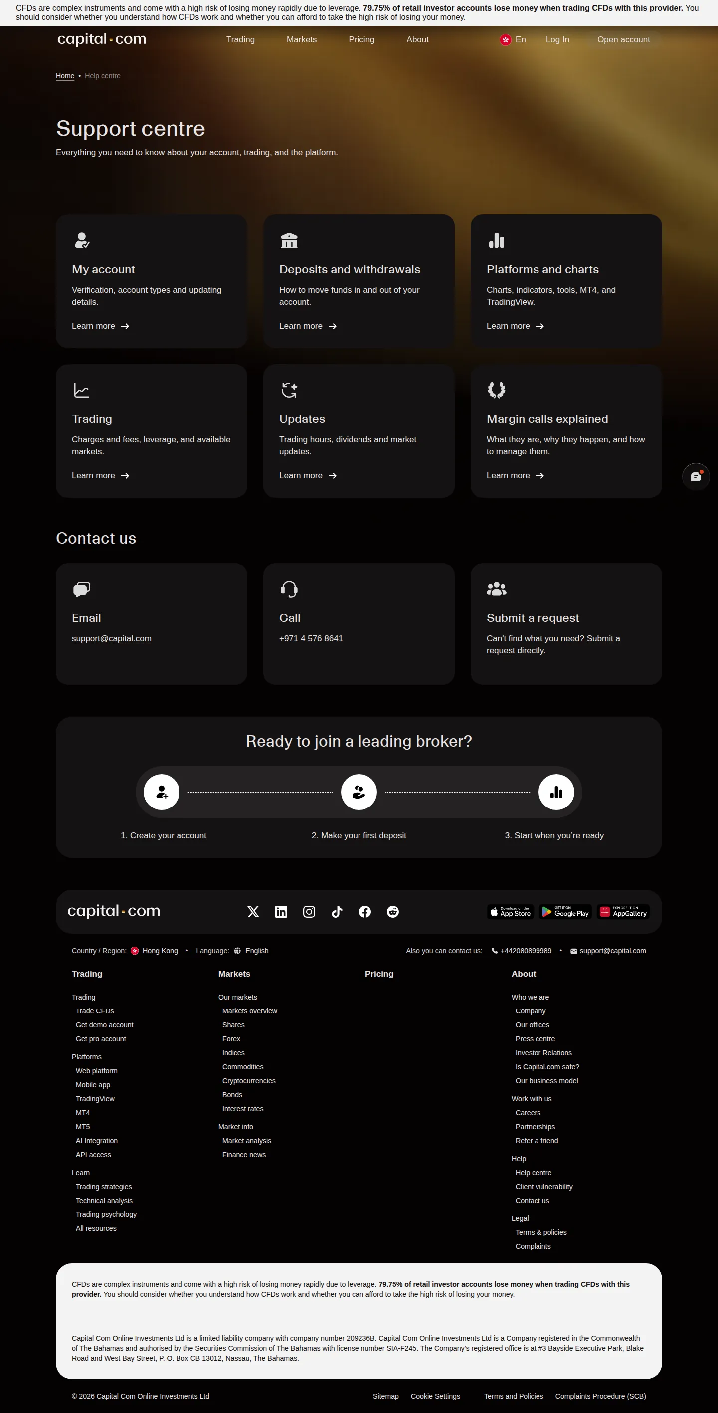 Capital.com AE contact page as we captured it
