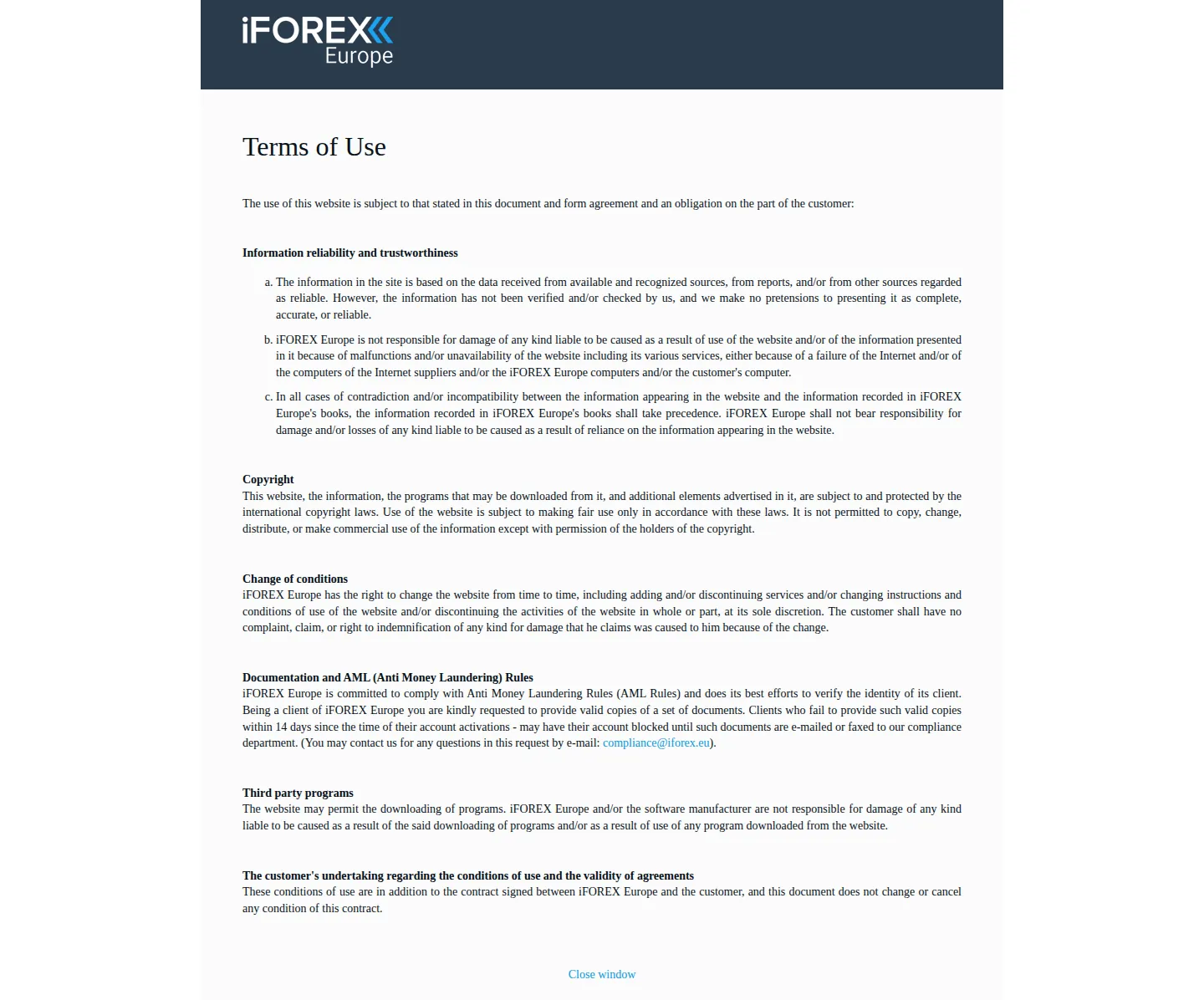 iFOREX Europe AE terms page as we captured it