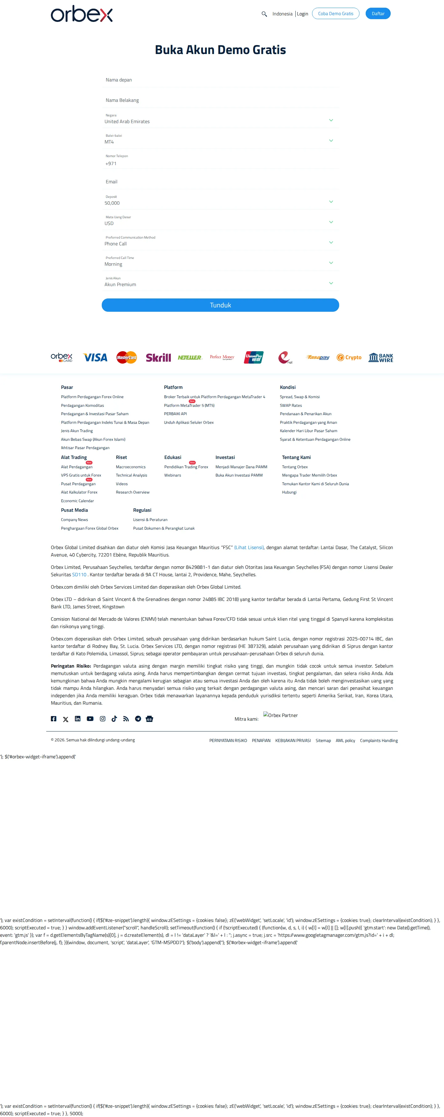 Orbex AE accounts page as we captured it