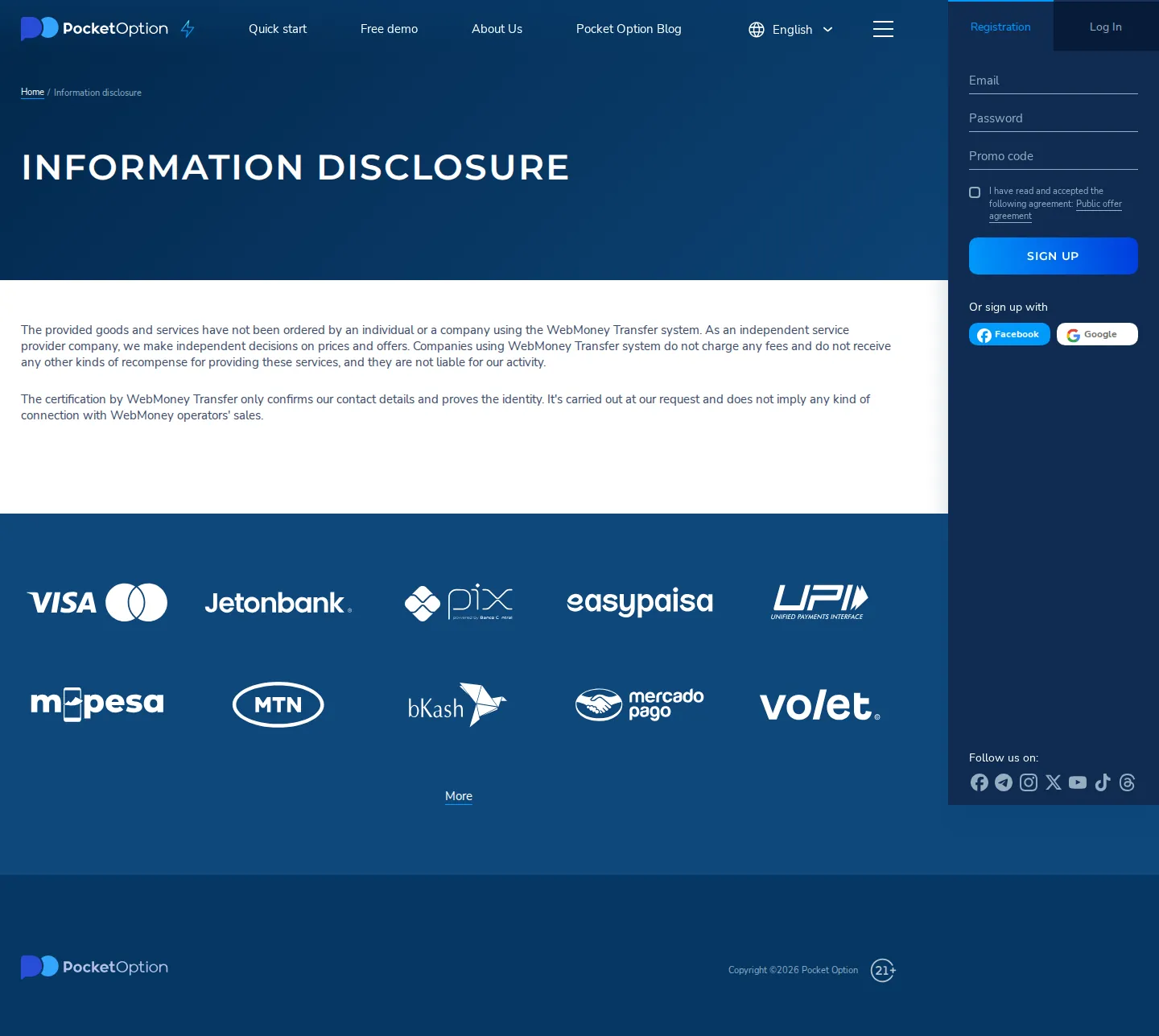 Pocket Option AE legal page as we captured it