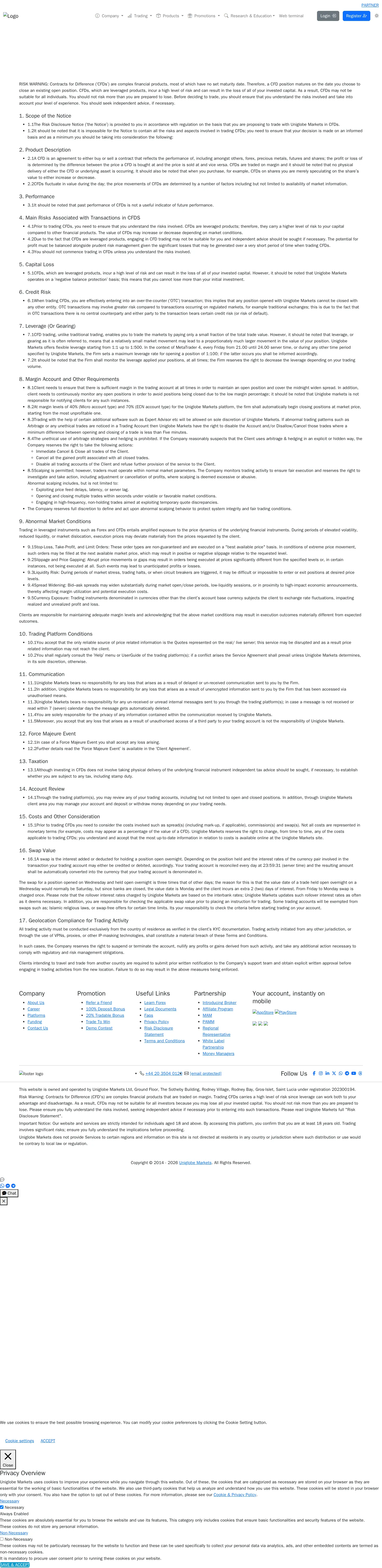 Uniglobe Markets AU risk page as we captured it